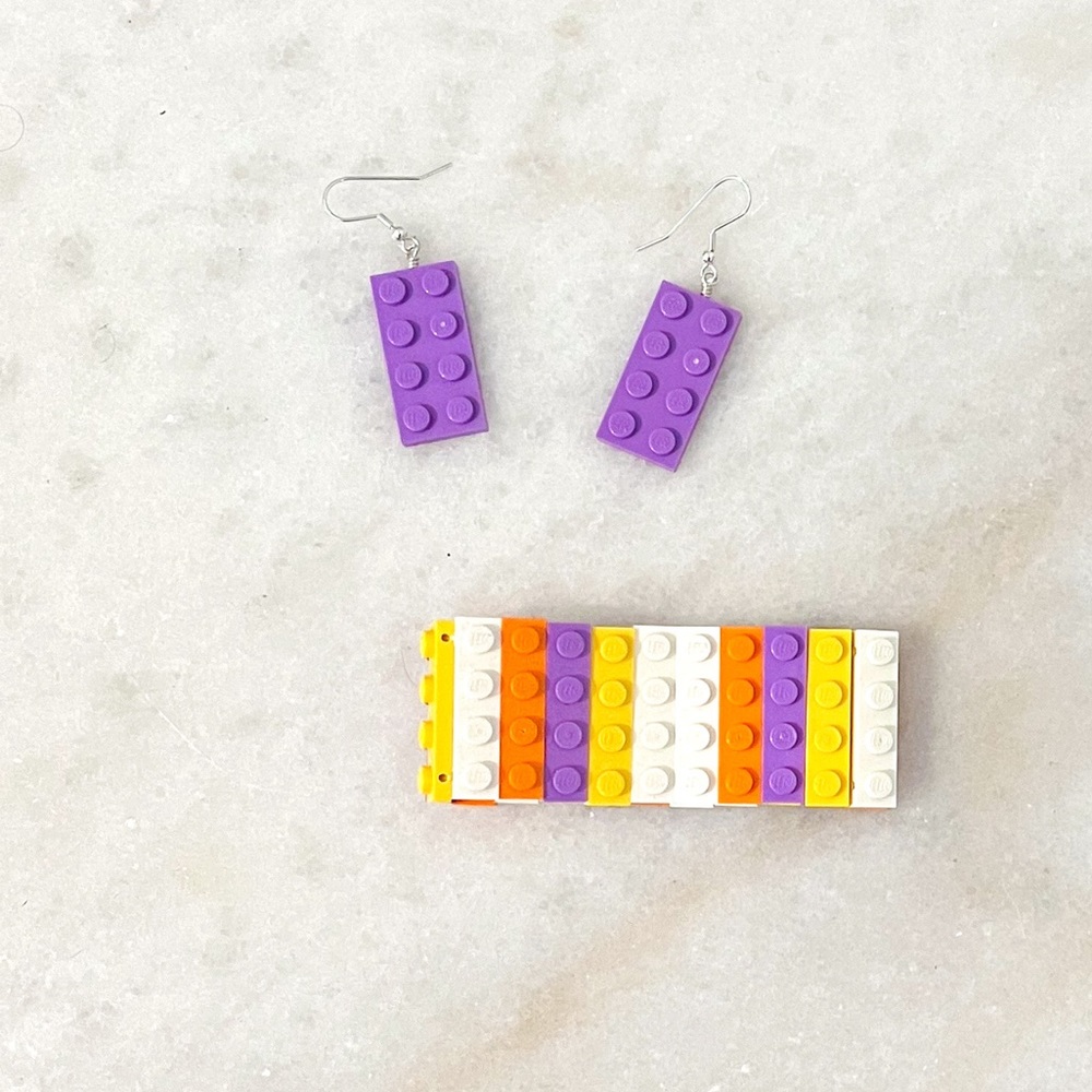 Lego Lavender, Orange, & White Earrings and Cuff Bracelet Set